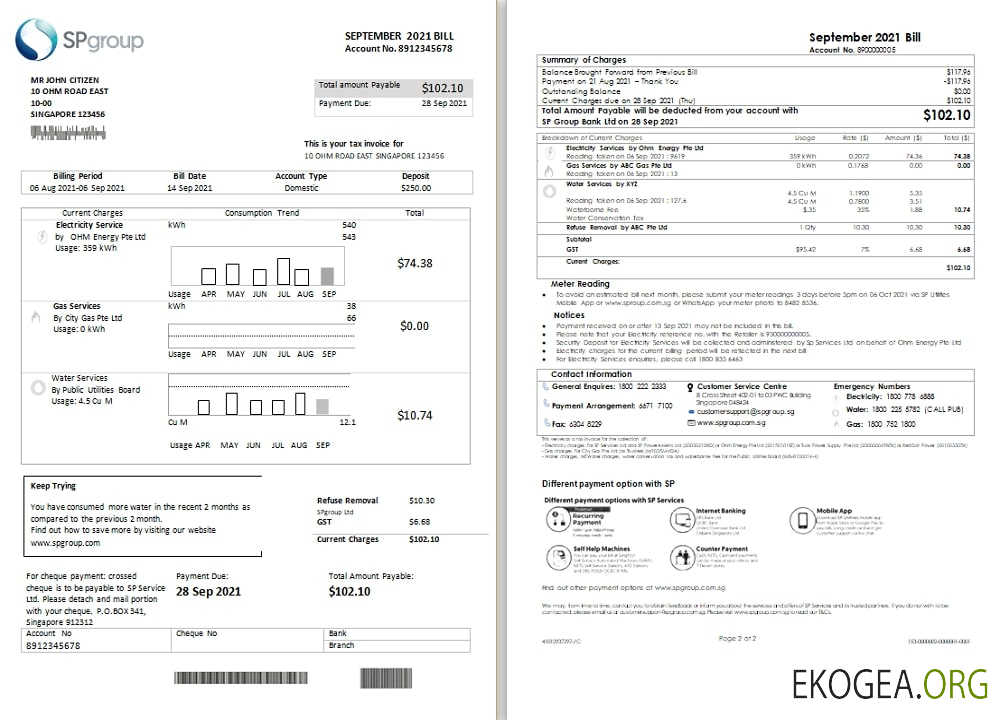 Singapore SP Group utility bill template in Word and PDF format (2 pages)